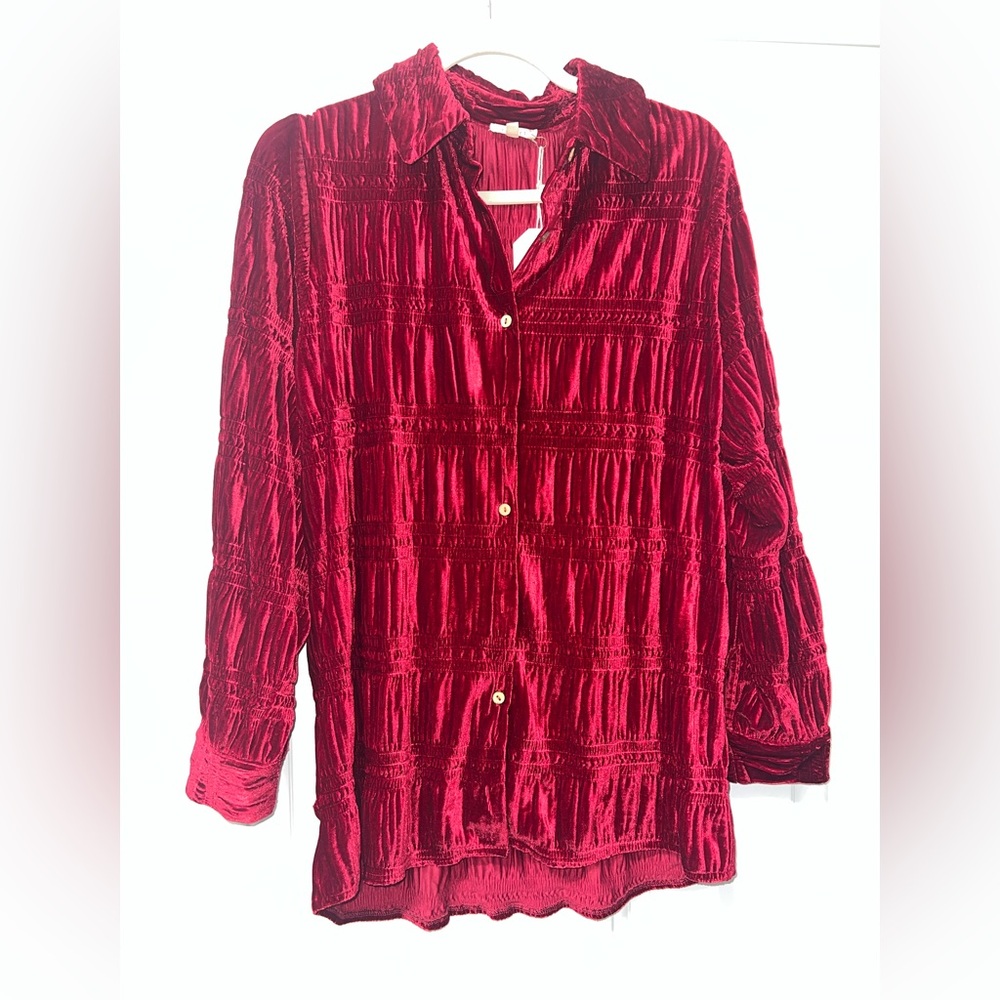 Jodifl deep red crushed velvet long sleeve blouse size medium